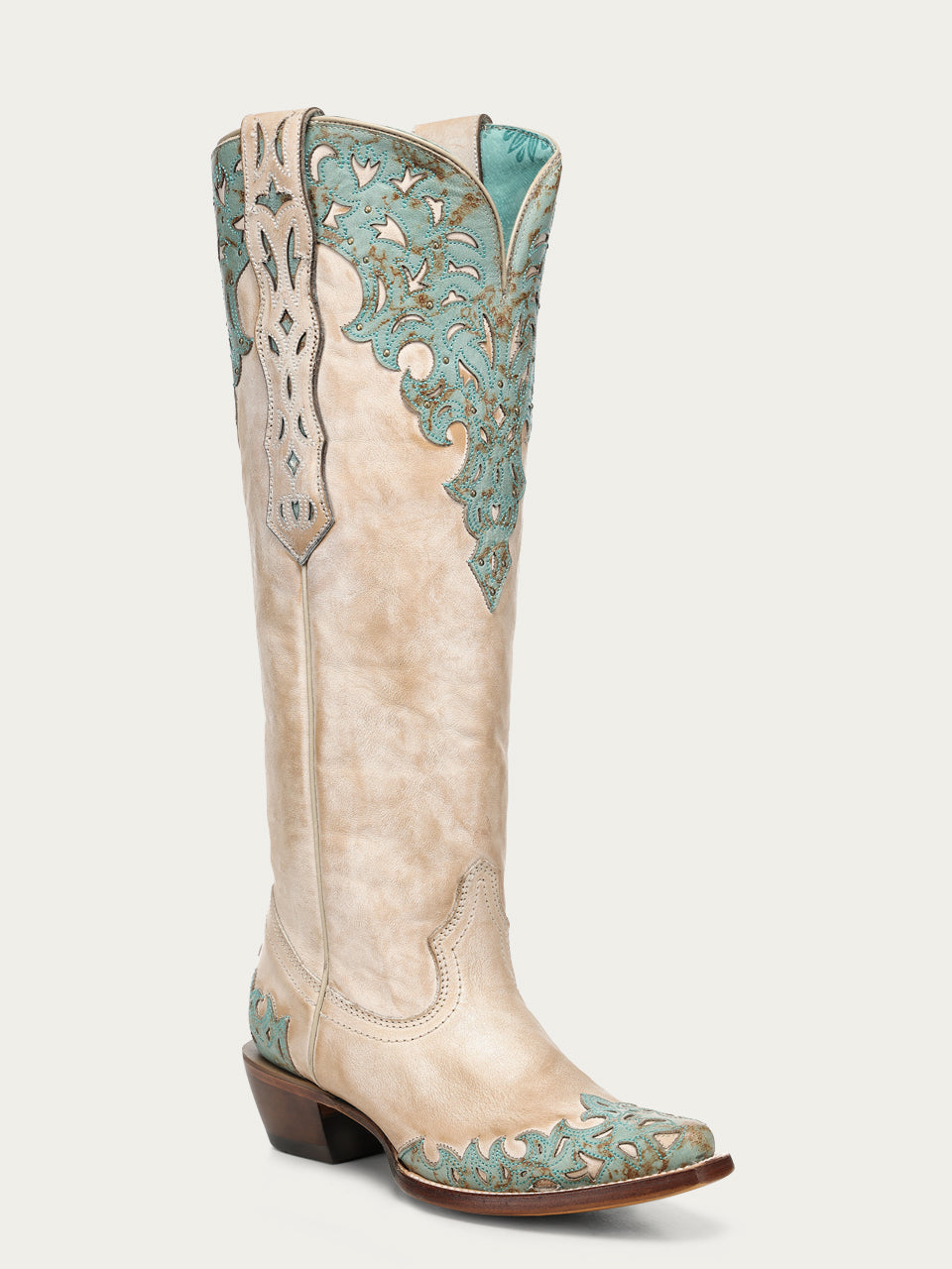 Women's Corral Sand Genuine Leather Boots with Overlay & Embroidery & Studs Tall Top