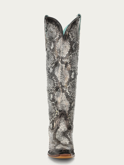 Women's Corral White Genuine Python Boots with Stamped Floral Tall Top