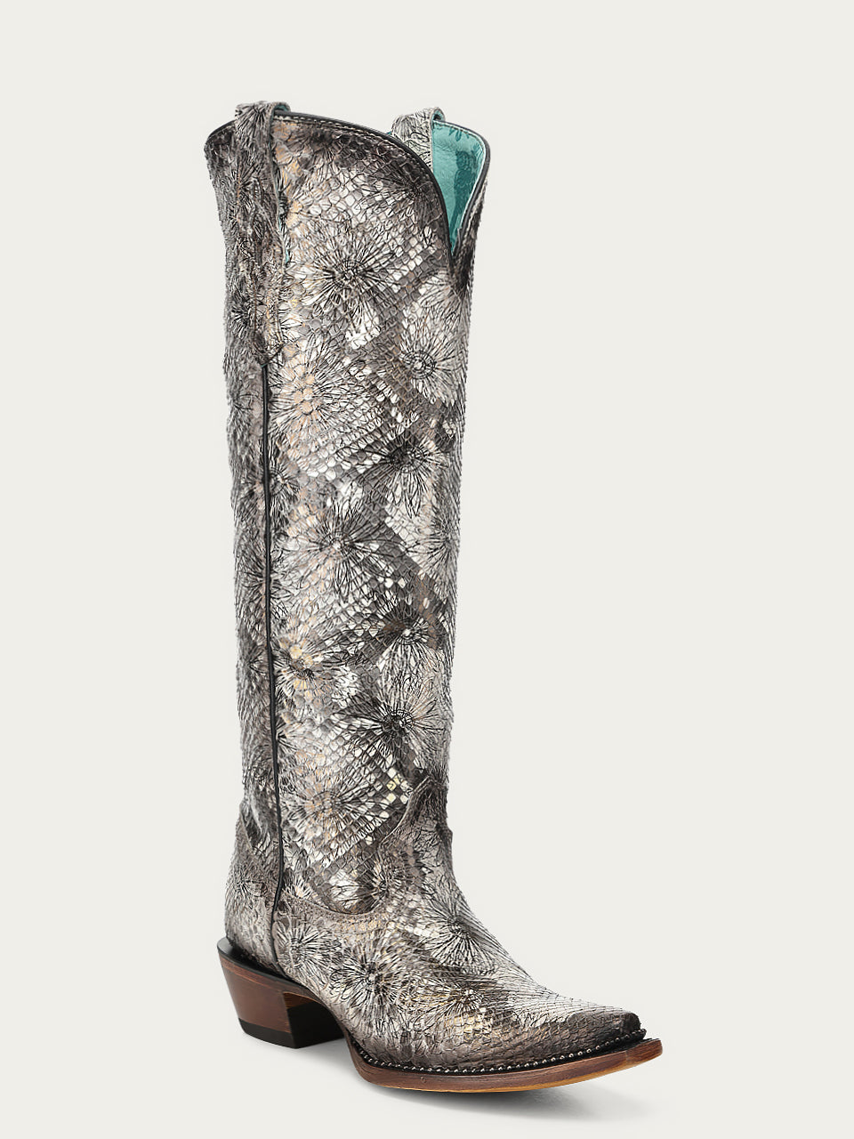 Women's Corral White Genuine Python Boots with Stamped Floral Tall Top