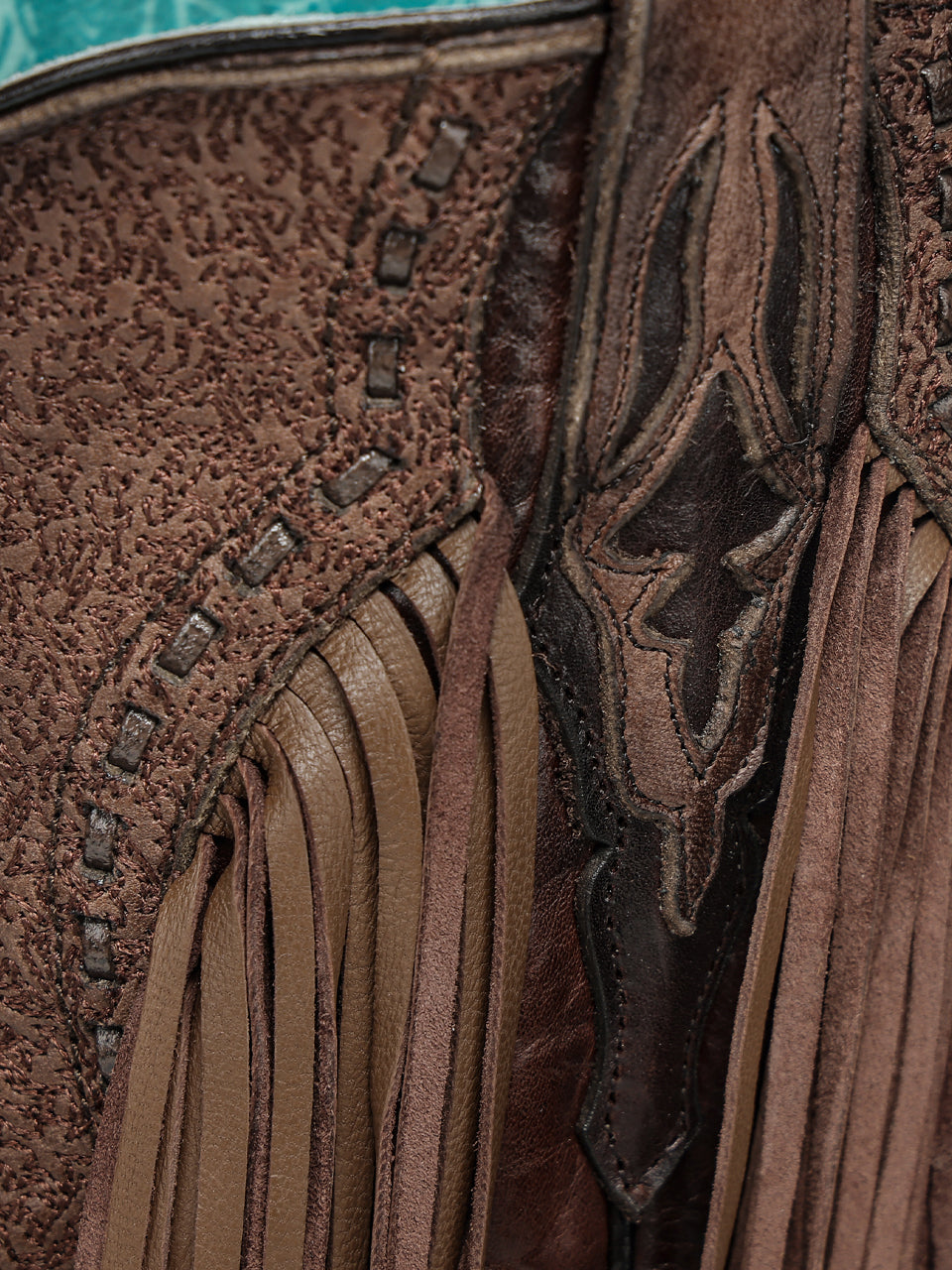 Women's Corral Brown Genuine Leather Boots with Overlay & Embroidery & Fringe & Woven