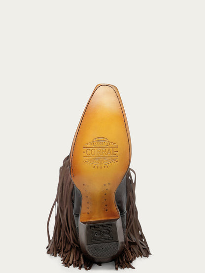 Women's Corral Brown Genuine Leather Boots with Overlay & Embroidery & Fringe & Woven