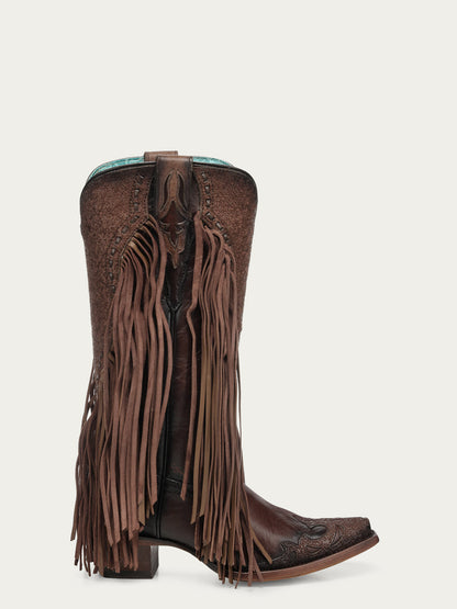 Women's Corral Brown Genuine Leather Boots with Overlay & Embroidery & Fringe & Woven