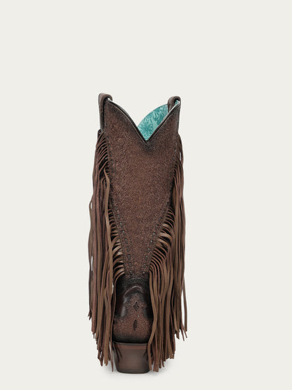 Women's Corral Brown Genuine Leather Boots with Overlay & Embroidery & Fringe & Woven