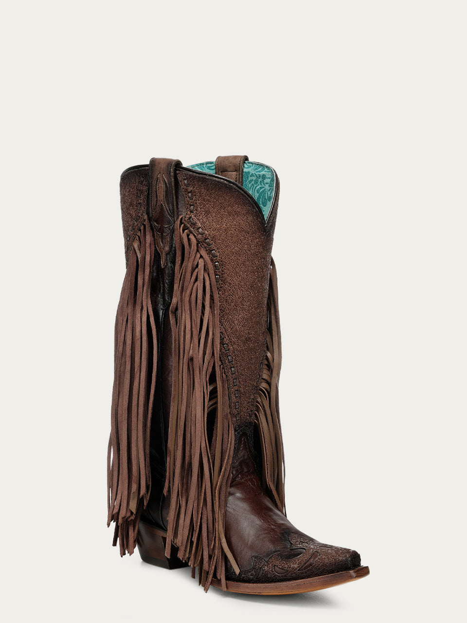 Women's Corral Brown Genuine Leather Boots with Overlay & Embroidery & Fringe & Woven