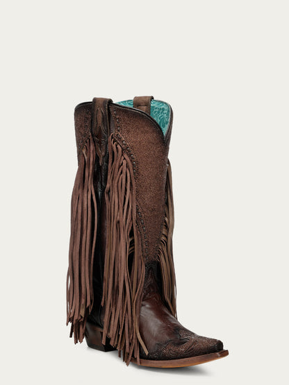 Women's Corral Brown Genuine Leather Boots with Overlay & Embroidery & Fringe & Woven
