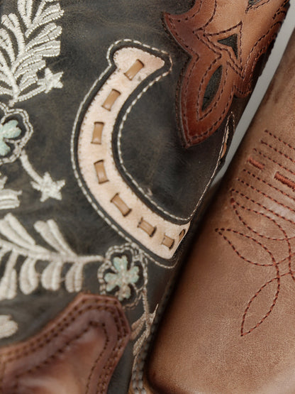 Women's Corral Nude Genuine Leather Boots with Horseshoe Overlay & Embroidery & Handwoven