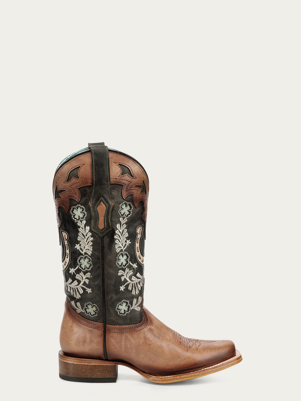 Women's Corral Nude Genuine Leather Boots with Horseshoe Overlay & Embroidery & Handwoven