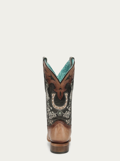 Women's Corral Nude Genuine Leather Boots with Horseshoe Overlay & Embroidery & Handwoven