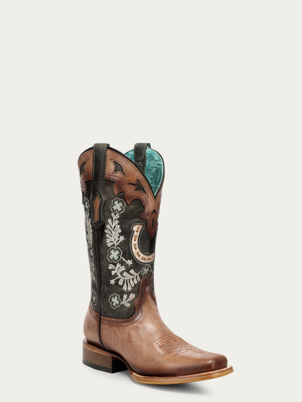 Women's Corral Nude Genuine Leather Boots with Horseshoe Overlay & Embroidery & Handwoven