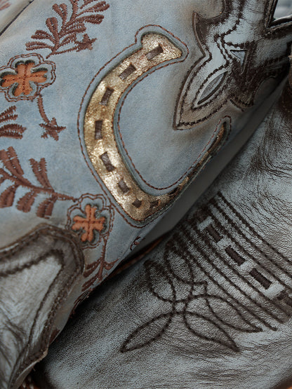 Women's Corral Blue Genuine Leather Boots with Horseshoe Overlay & Embroidery & Handwoven