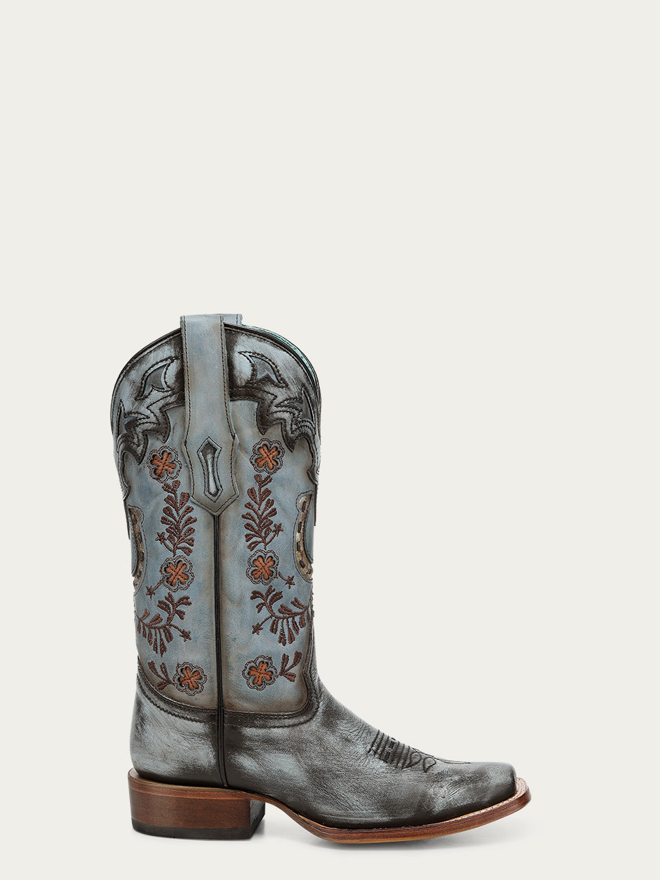 Women's Corral Blue Genuine Leather Boots with Horseshoe Overlay & Embroidery & Handwoven
