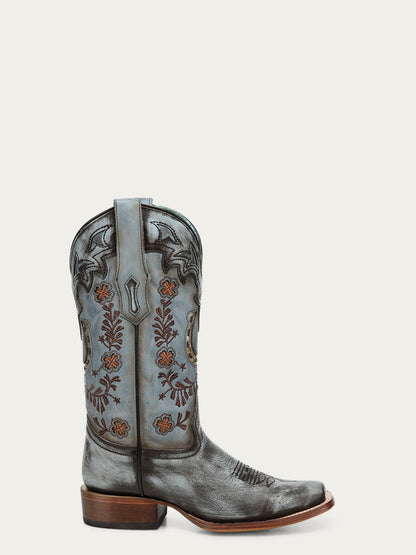 Women's Corral Blue Genuine Leather Boots with Horseshoe Overlay & Embroidery & Handwoven