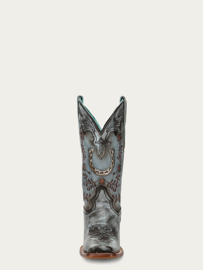 Women's Corral Blue Genuine Leather Boots with Horseshoe Overlay & Embroidery & Handwoven