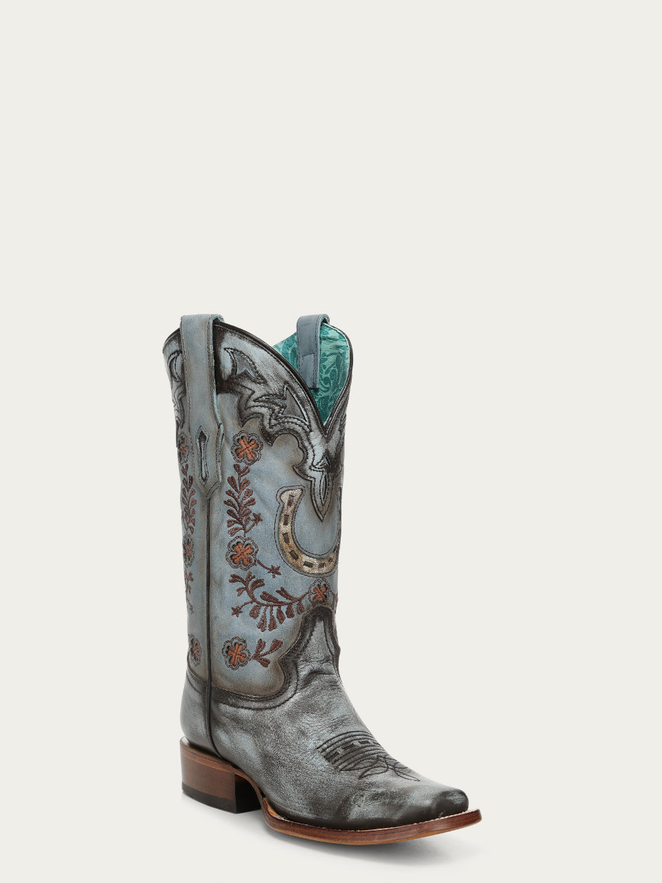 Women's Corral Blue Genuine Leather Boots with Horseshoe Overlay & Embroidery & Handwoven