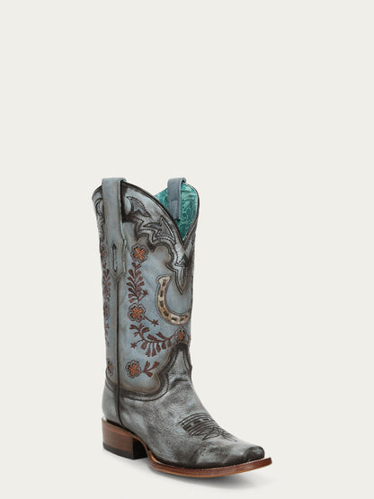 Women's Corral Blue Genuine Leather Boots with Horseshoe Overlay & Embroidery & Handwoven