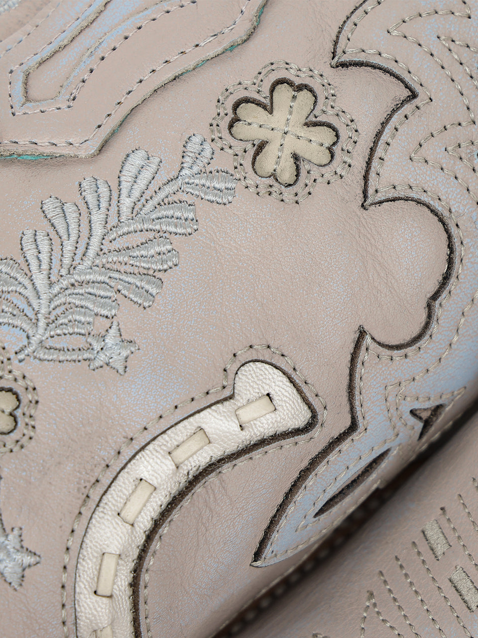 Women's Corral Bone Genuine Leather Boots with Horseshoe Overlay & Embroidery & Handwoven
