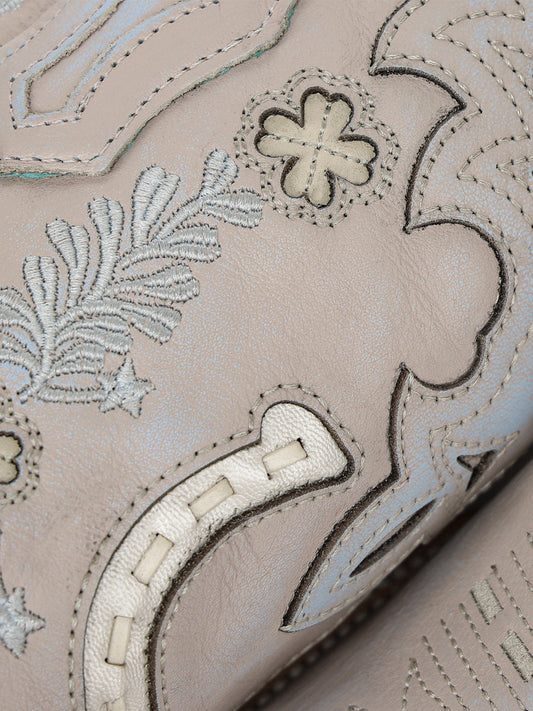 Women's Corral Bone Genuine Leather Boots with Horseshoe Overlay & Embroidery & Handwoven