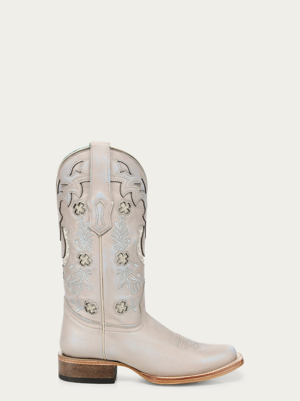 Women's Corral Bone Genuine Leather Boots with Horseshoe Overlay & Embroidery & Handwoven