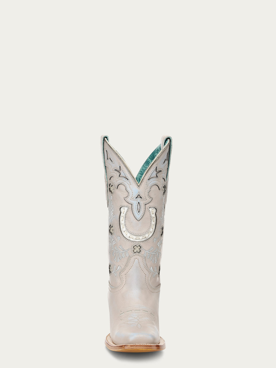 Women's Corral Bone Genuine Leather Boots with Horseshoe Overlay & Embroidery & Handwoven