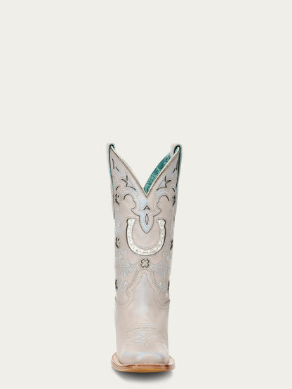 Women's Corral Bone Genuine Leather Boots with Horseshoe Overlay & Embroidery & Handwoven