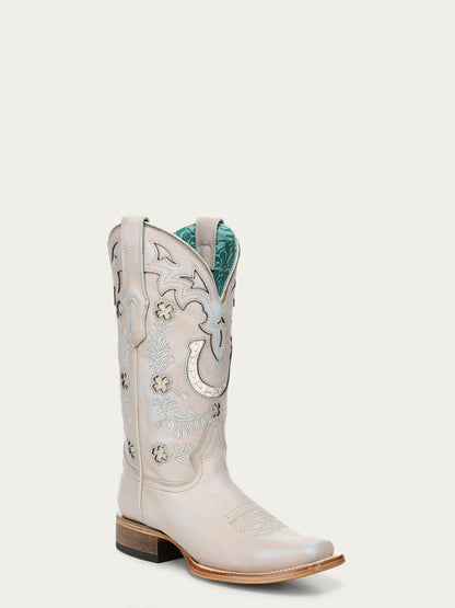 Women's Corral Bone Genuine Leather Boots with Horseshoe Overlay & Embroidery & Handwoven