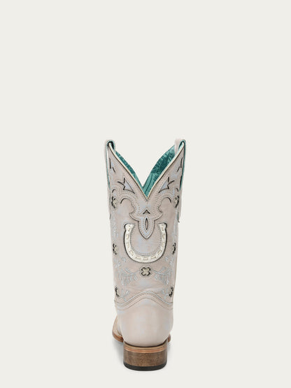 Women's Corral Bone Genuine Leather Boots with Horseshoe Overlay & Embroidery & Handwoven