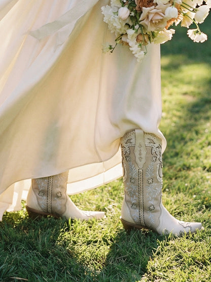Women's Corral Bone Genuine Leather Boots with Horseshoe Overlay & Embroidery & Studs & Handwoven