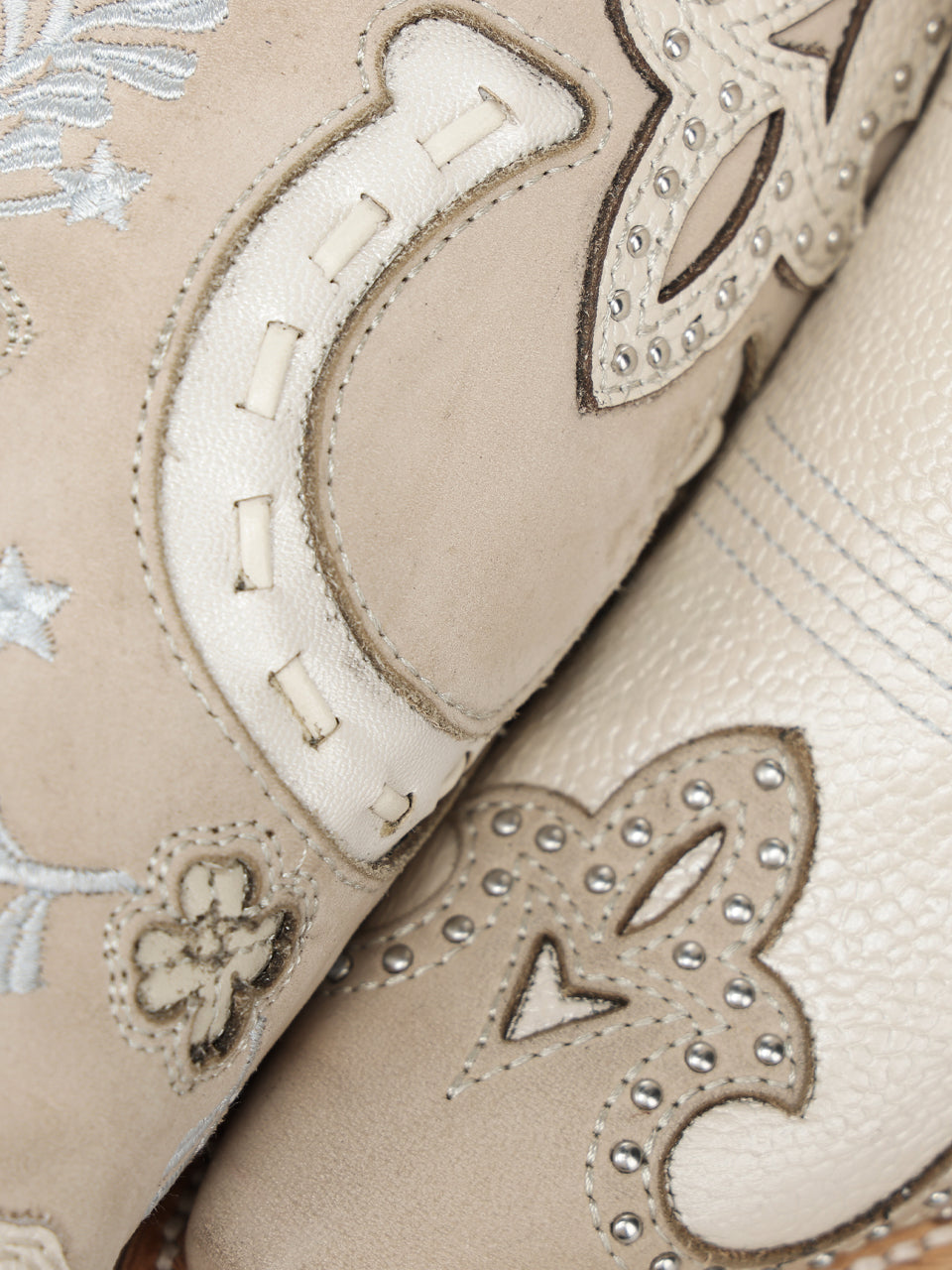 Women's Corral Bone Genuine Leather Boots with Horseshoe Overlay & Embroidery & Studs & Handwoven