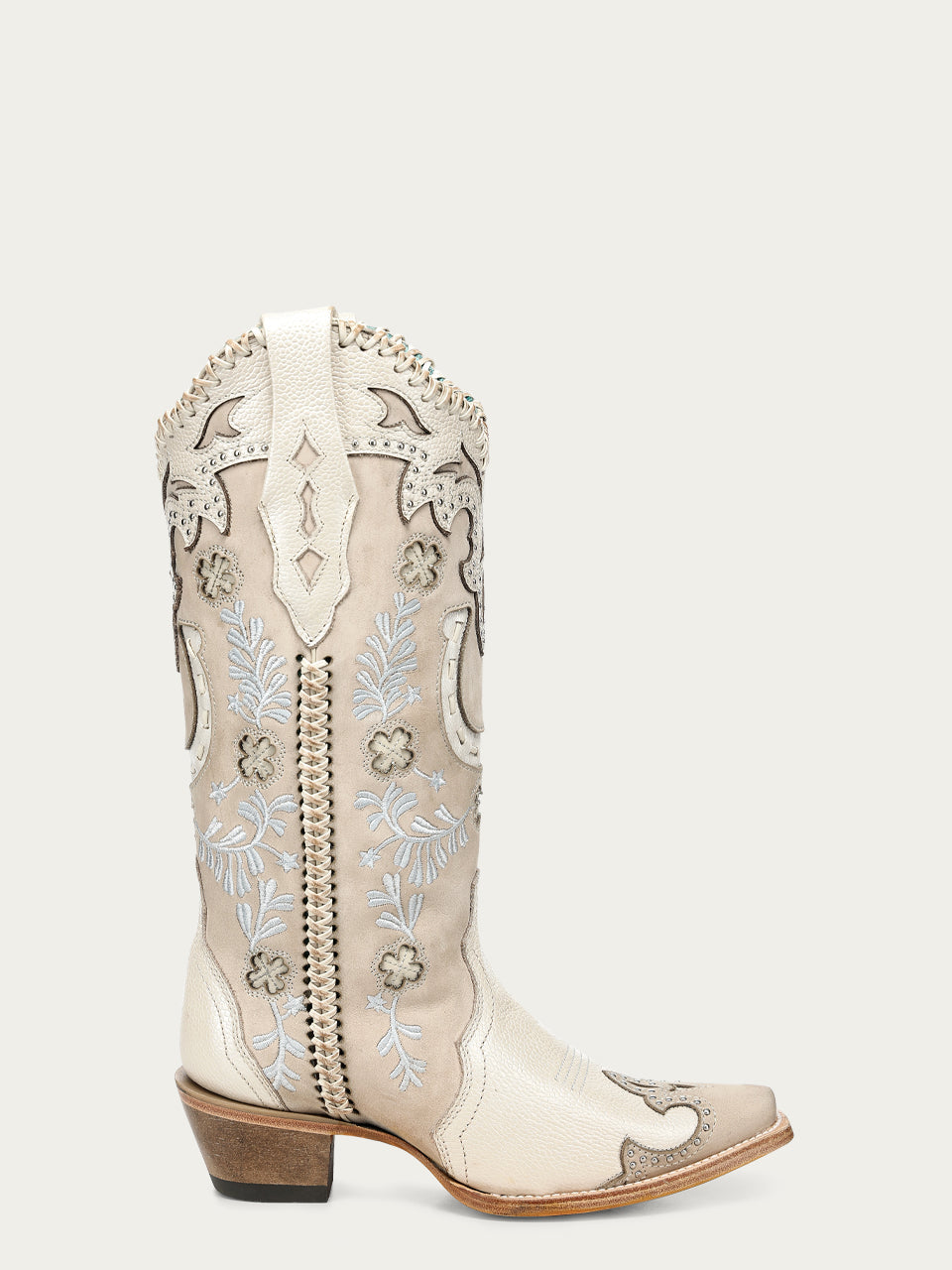 Women's Corral Bone Genuine Leather Boots with Horseshoe Overlay & Embroidery & Studs & Handwoven