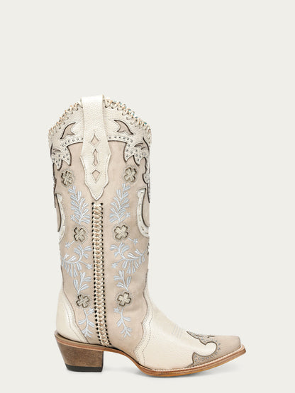 Women's Corral Bone Genuine Leather Boots with Horseshoe Overlay & Embroidery & Studs & Handwoven