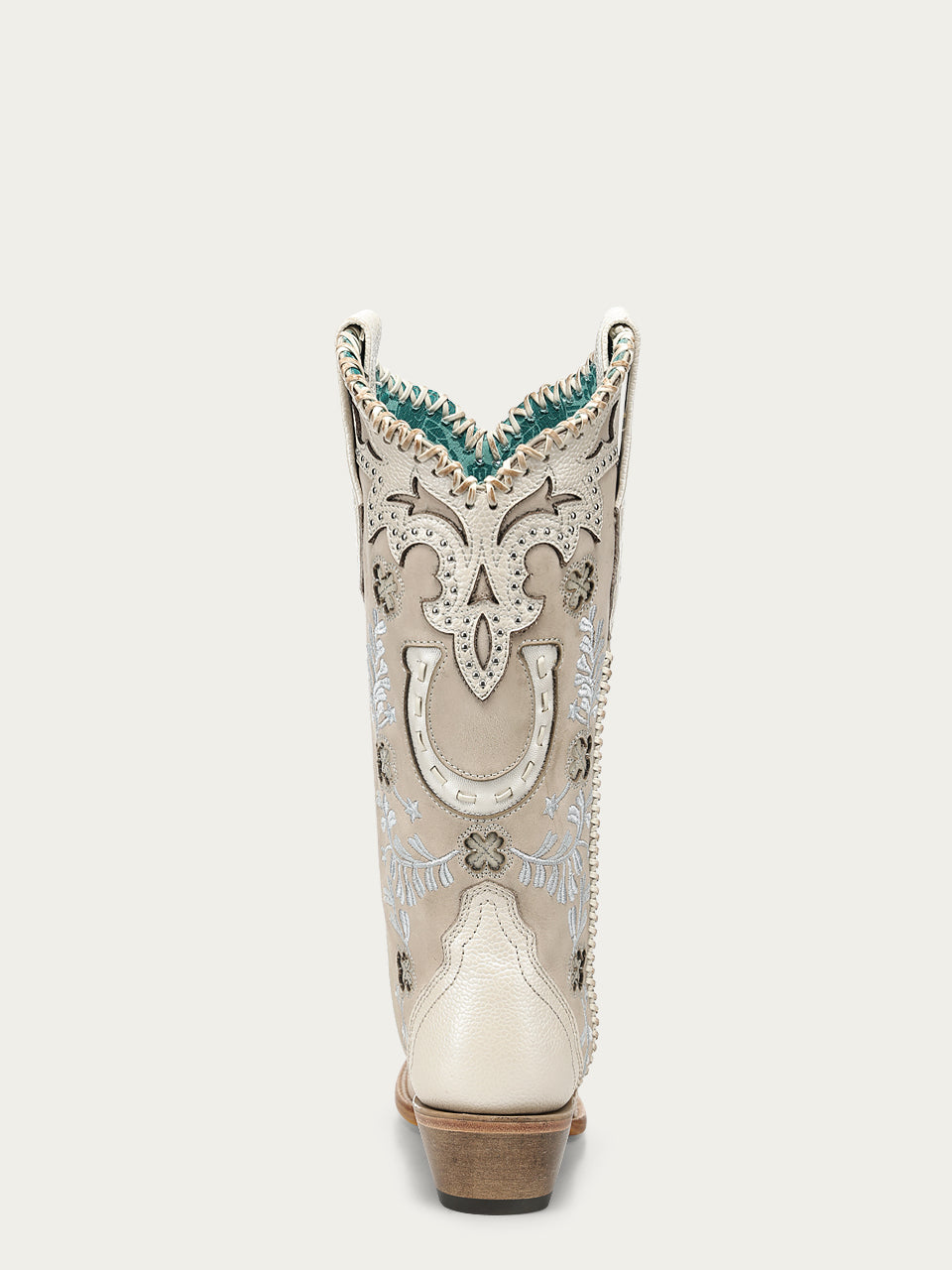 Women's Corral Bone Genuine Leather Boots with Horseshoe Overlay & Embroidery & Studs & Handwoven