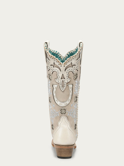 Women's Corral Bone Genuine Leather Boots with Horseshoe Overlay & Embroidery & Studs & Handwoven