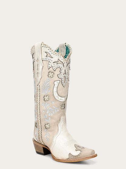 Women's Corral Bone Genuine Leather Boots with Horseshoe Overlay & Embroidery & Studs & Handwoven