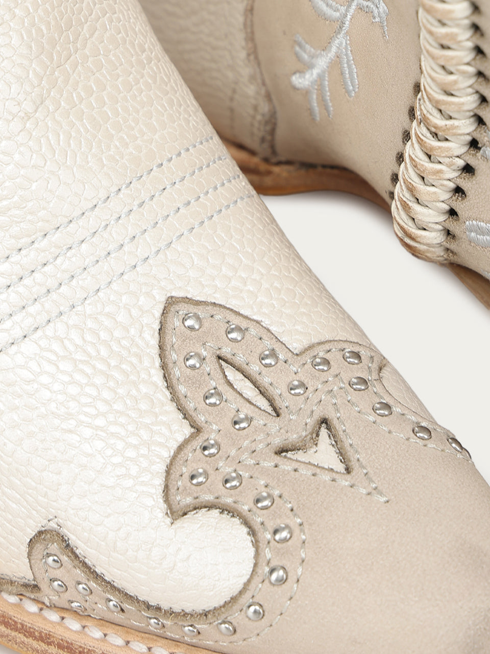 Women's Corral Bone Genuine Leather Boots with Horseshoe Overlay & Embroidery & Studs & Handwoven