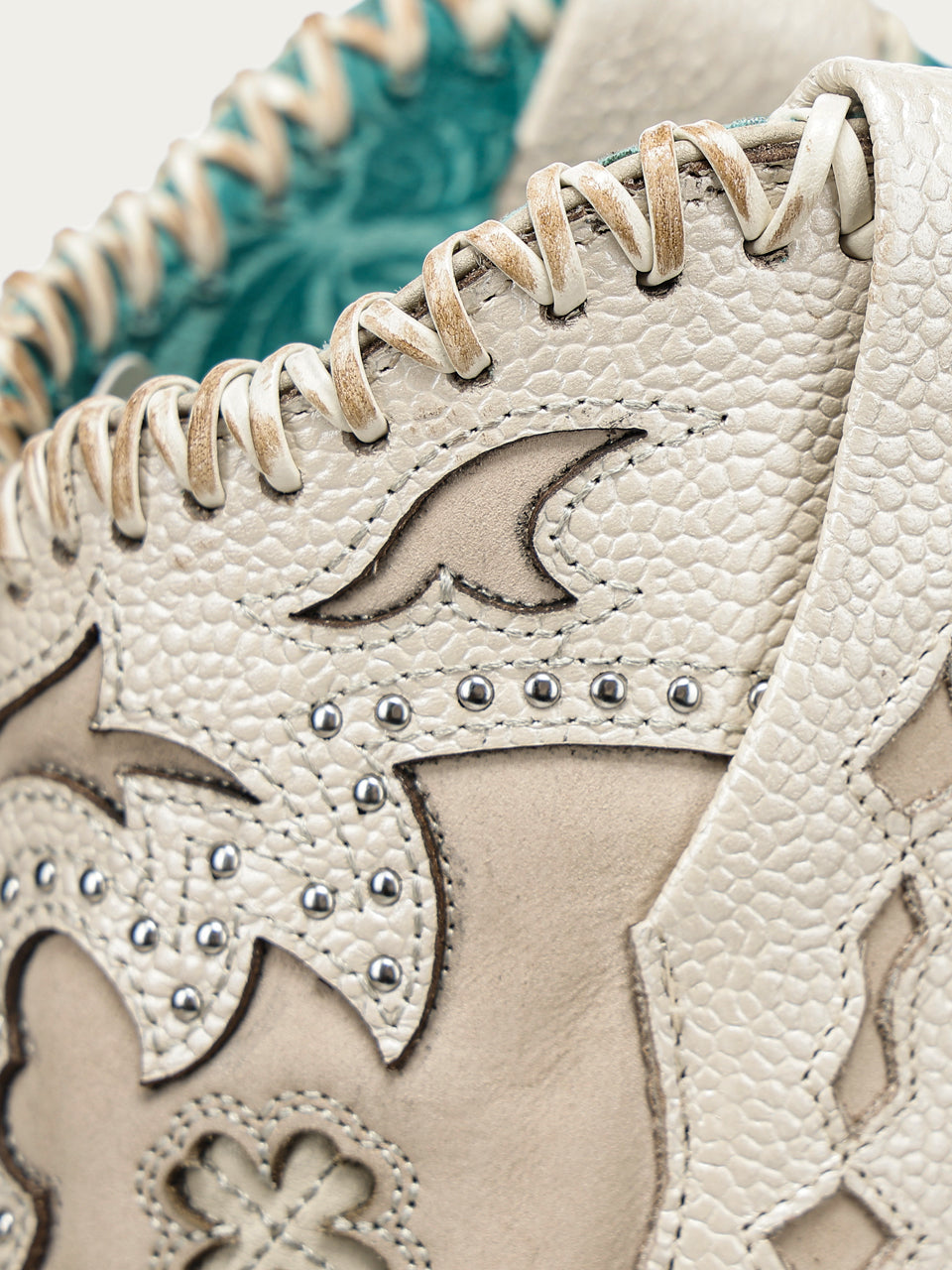 Women's Corral Bone Genuine Leather Boots with Horseshoe Overlay & Embroidery & Studs & Handwoven