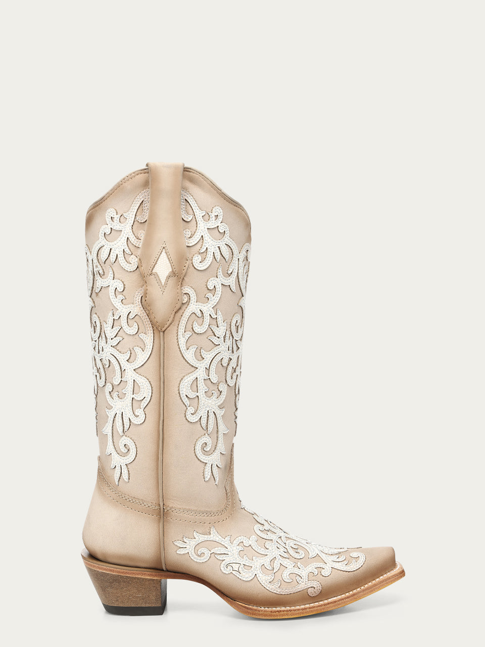 Women's Corral Bone Genuine Leather Boots with Overlay & Embroidery & Studs