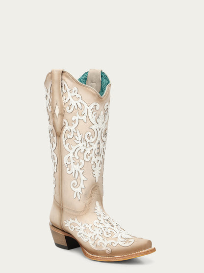 Women's Corral Bone Genuine Leather Boots with Overlay & Embroidery & Studs