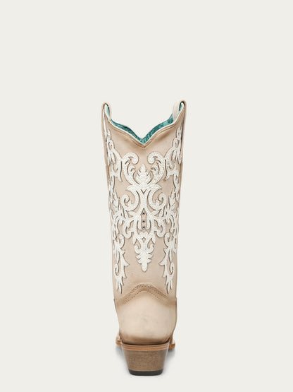 Women's Corral Bone Genuine Leather Boots with Overlay & Embroidery & Studs