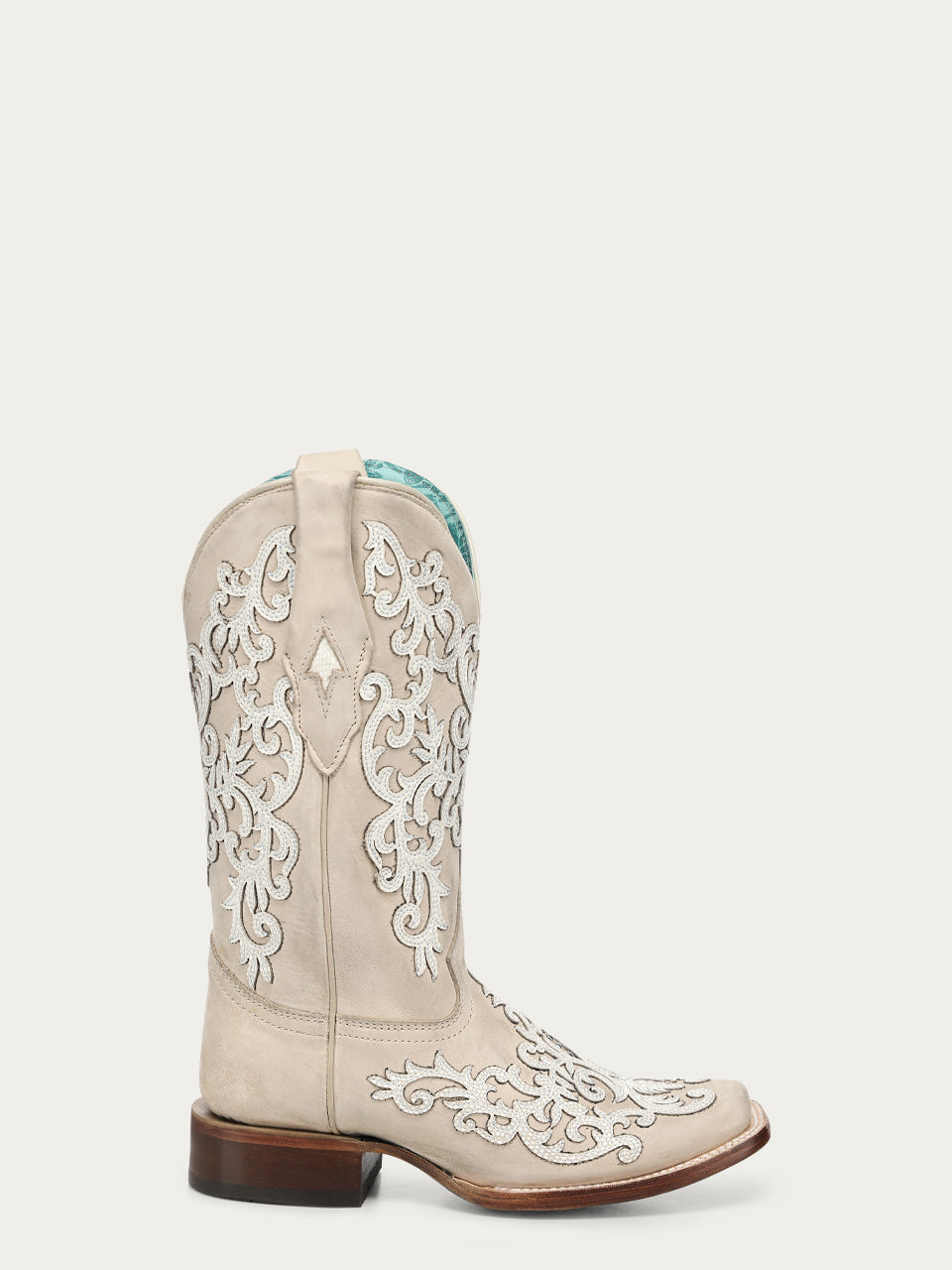 Women's Corral Bone Genuine Leather Boots with Overlay & Embroidery & Studs