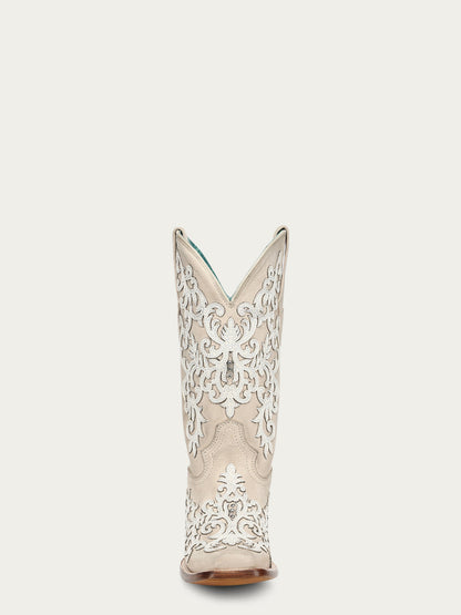 Women's Corral Bone Genuine Leather Boots with Overlay & Embroidery & Studs
