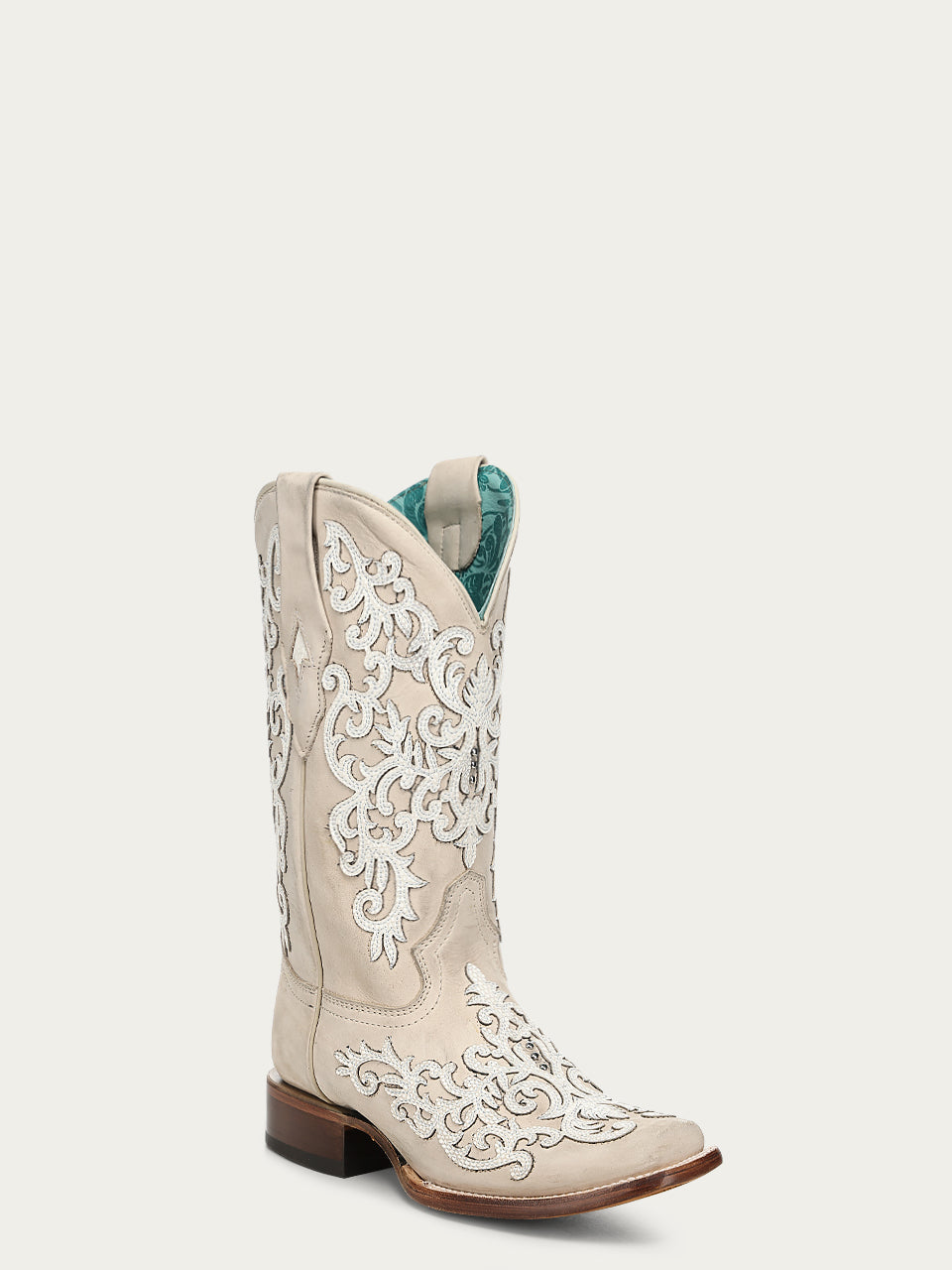 Women's Corral Bone Genuine Leather Boots with Overlay & Embroidery & Studs