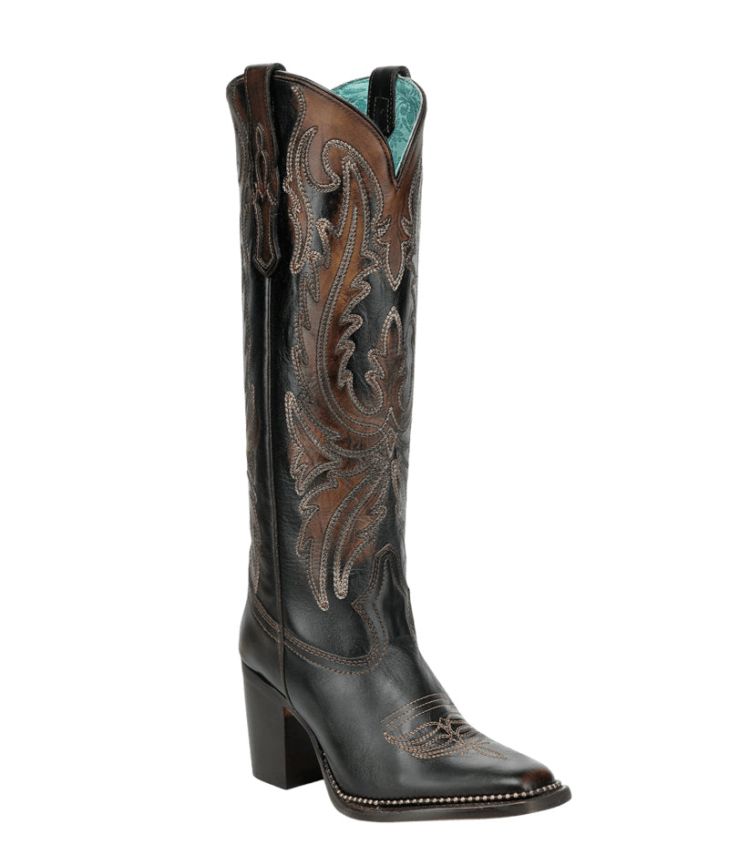 Women's Corral Black Genuine Leather Boots with Honey Embroidery Metallic Welt Tall Top