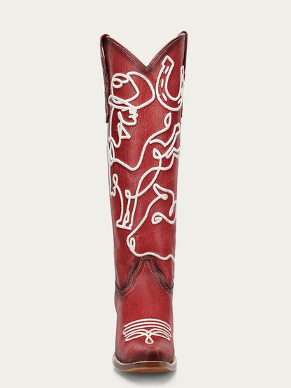 Women's Corral Red Genuine Cowboy Boots with Embroidery Glow in The Dark Tall Top