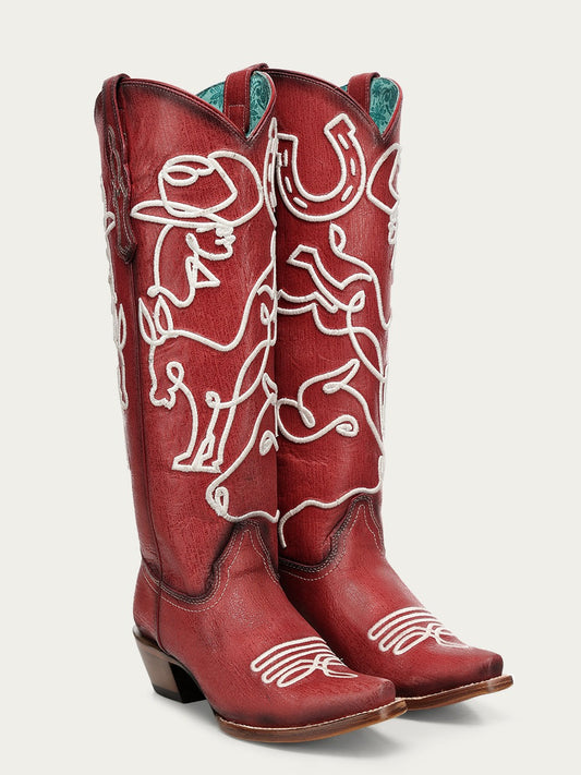 Women's Corral Red Genuine Cowboy Boots with Embroidery Glow in The Dark Tall Top