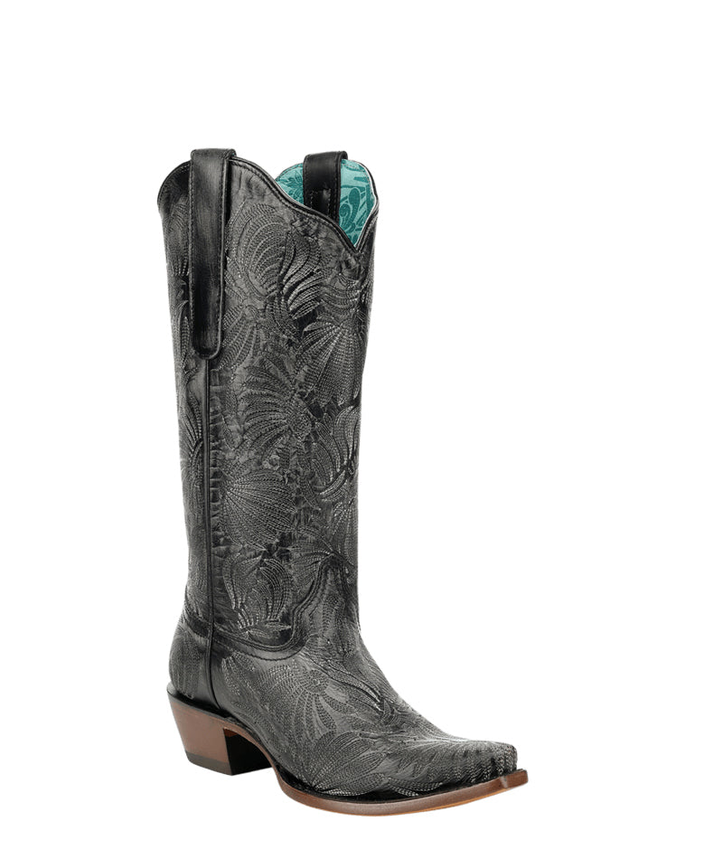 Women's Corral Black Genuine Leather Boots with Distressed Floral Petal Embroidery