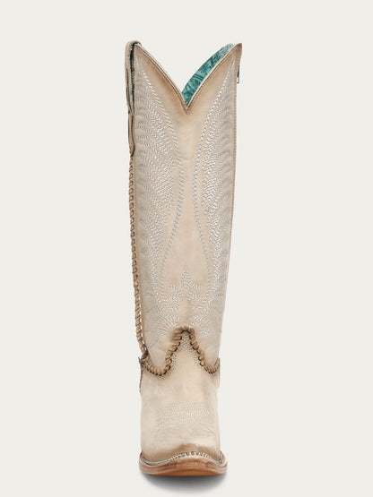 Women's Corral Bone Genuine Leather Boots with Embroidery & Woven & Metallic Welt Tall Top