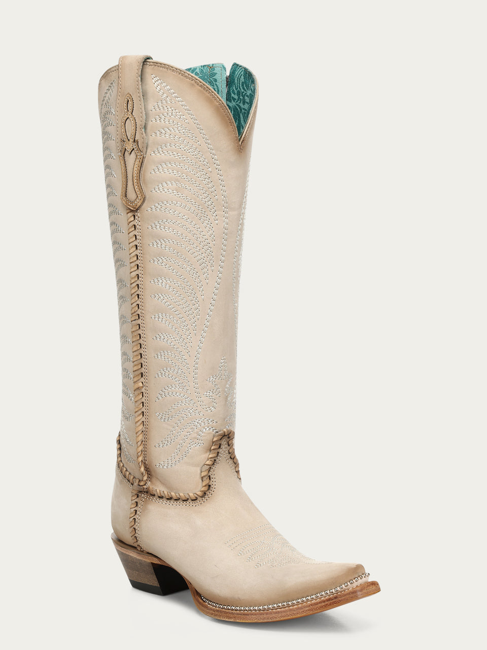 Women's Corral Bone Genuine Leather Boots with Embroidery & Woven & Metallic Welt Tall Top