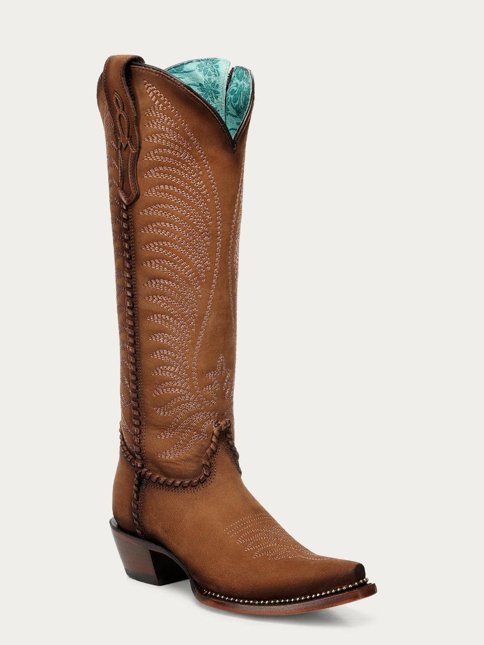Women's Corral Honey Genuine Leather Boots with Embroidery & Woven & Metallic Welt Tall Top