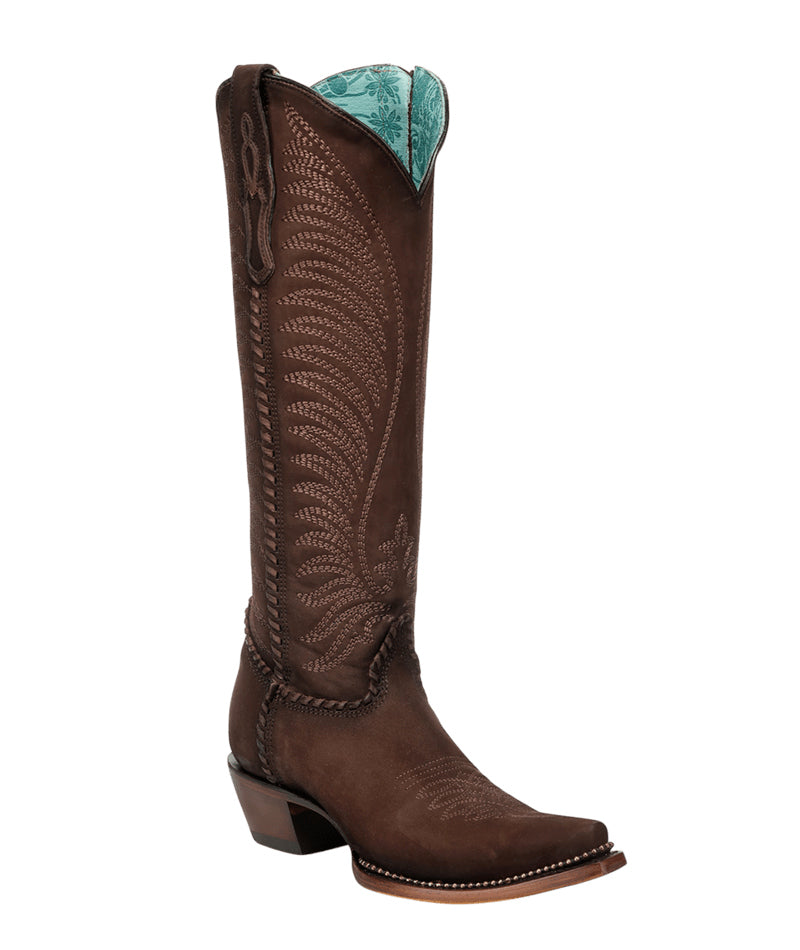 Women's Corral Brown Genuine Leather Boots with Embroidery & Woven & Metallic Welt Tall Top