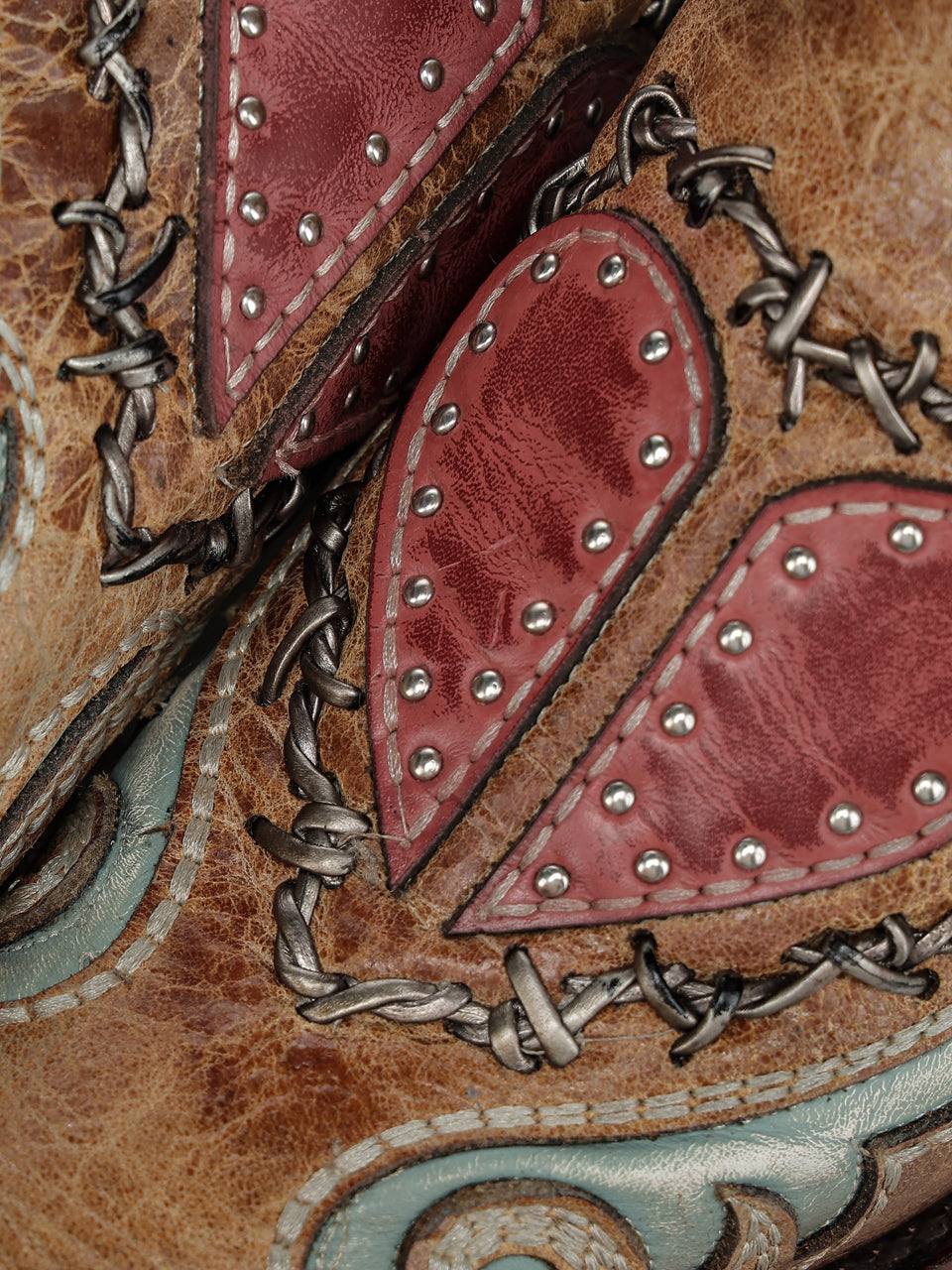 Women's Corral Sand Genuine Leather Boots with Heart Inlay & Embroidery & Studs & Berbed Wire Woven